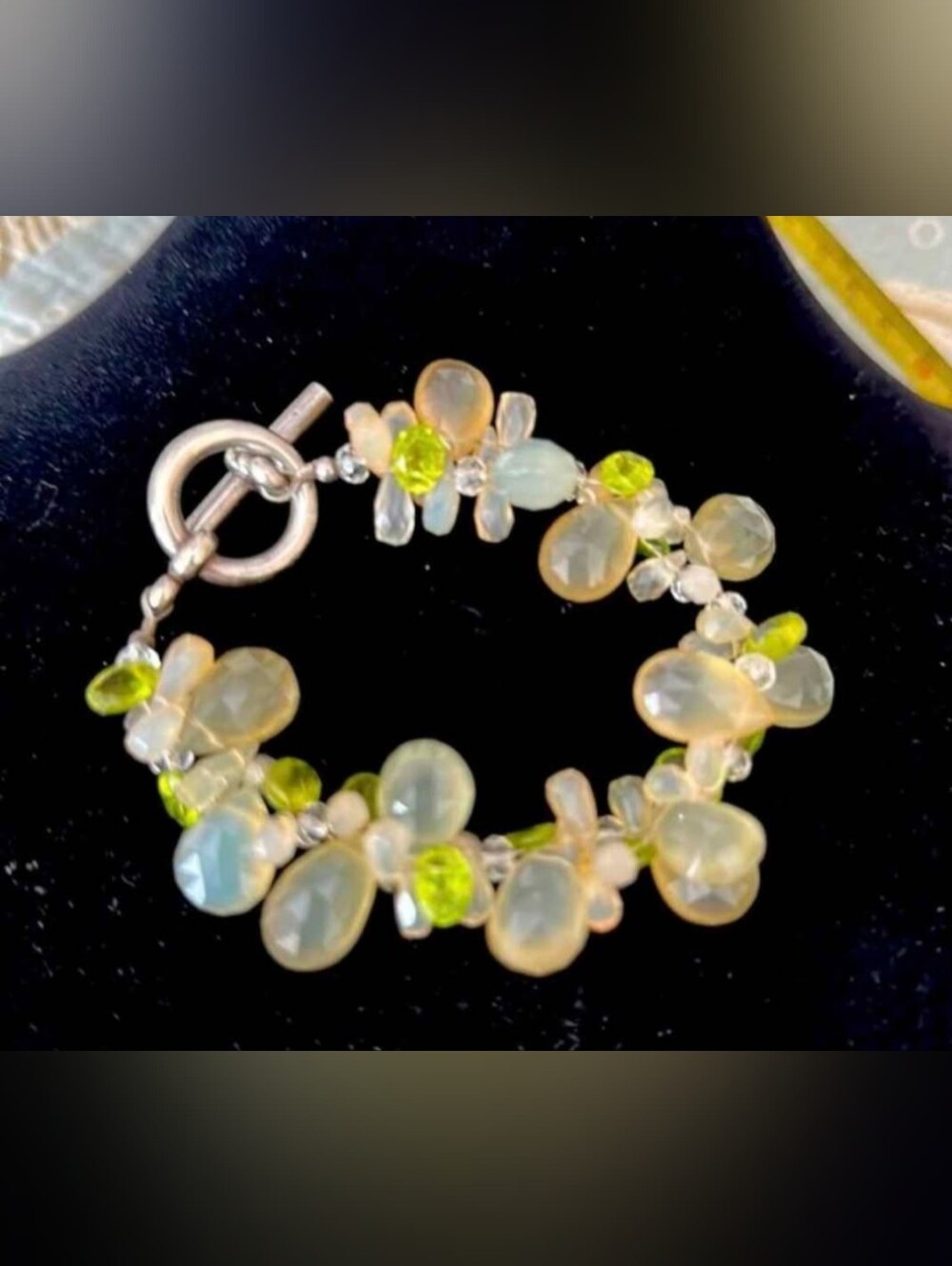Delicate Faceted Peridot and Opalescent Bead Bracelet Sterling Toggle Clasp